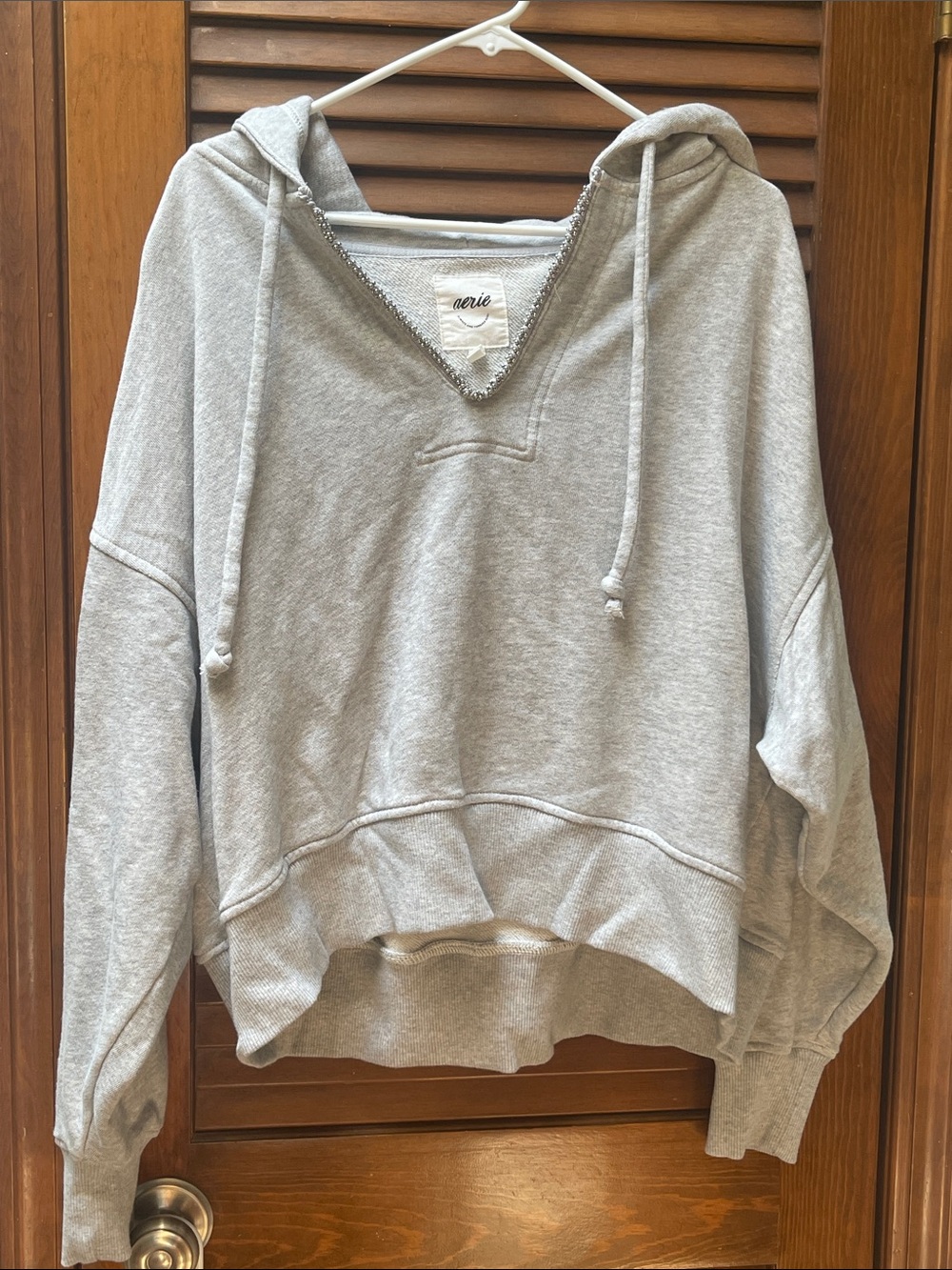 aerie Heather Gray V‑Neck Hoodie size L